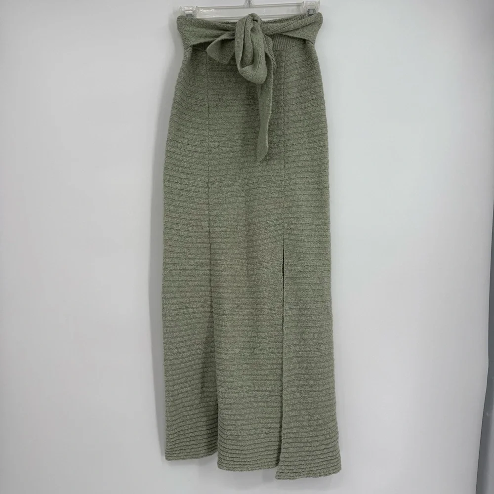 Free People Claudia Green Knit Belted Blanket Skirt Size XS Slit Rib-Knit Maxi - Picture 11 of 11